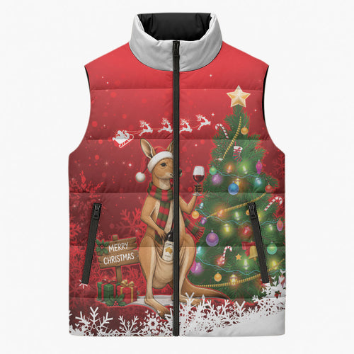 Australia Christmas In July Sleeveless Puffer Jacket Kangaroo Santa With Aussie Wine