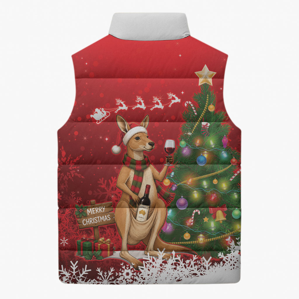 Australia Christmas In July Sleeveless Puffer Jacket Kangaroo Santa With Aussie Wine