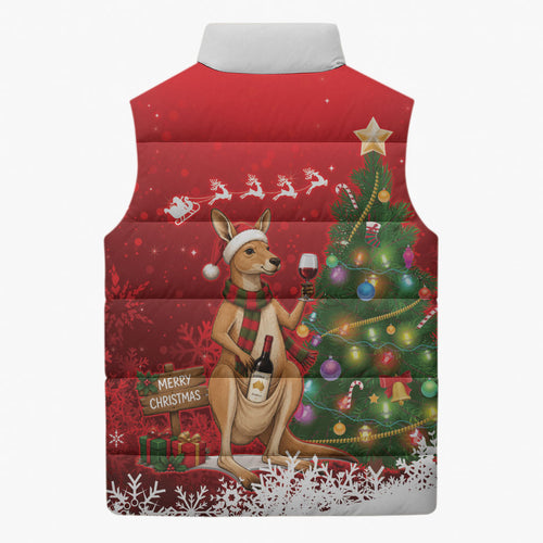 Australia Christmas In July Sleeveless Puffer Jacket Kangaroo Santa With Aussie Wine
