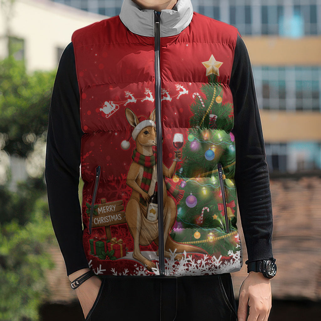 Australia Christmas In July Sleeveless Puffer Jacket Kangaroo Santa With Aussie Wine