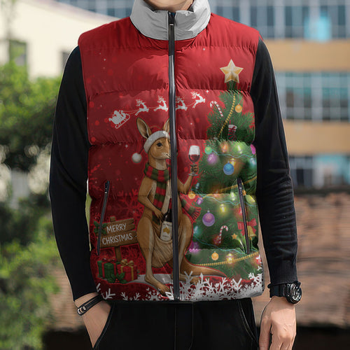 Australia Christmas In July Sleeveless Puffer Jacket Kangaroo Santa With Aussie Wine