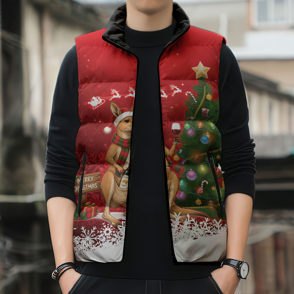 Australia Christmas In July Sleeveless Puffer Jacket Kangaroo Santa With Aussie Wine