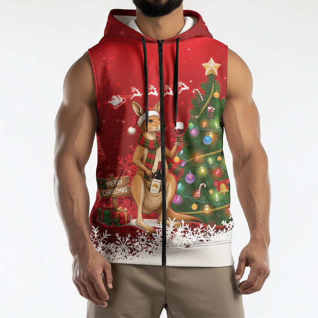 Australia Christmas In July Sleeveless Zip Hoodie Kangaroo Santa With Aussie Wine
