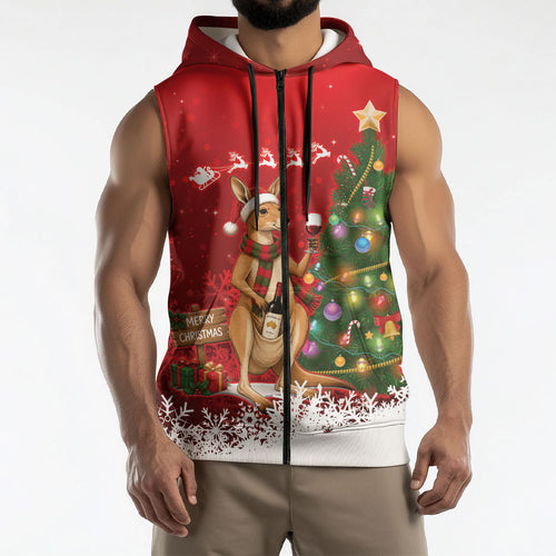 Australia Christmas In July Sleeveless Zip Hoodie Kangaroo Santa With Aussie Wine