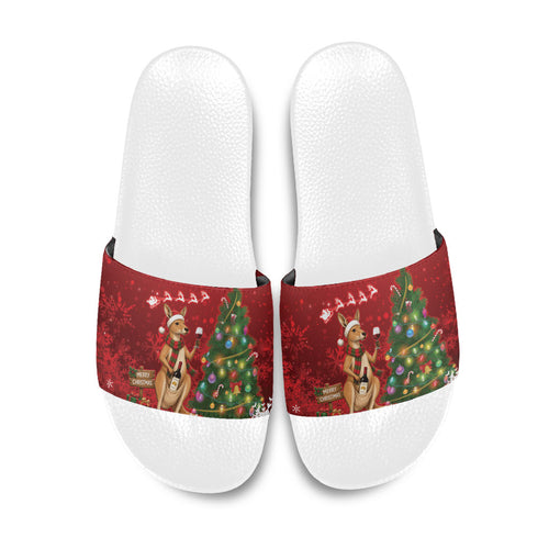 Australia Christmas In July Slide Sandals Kangaroo Santa With Aussie Wine