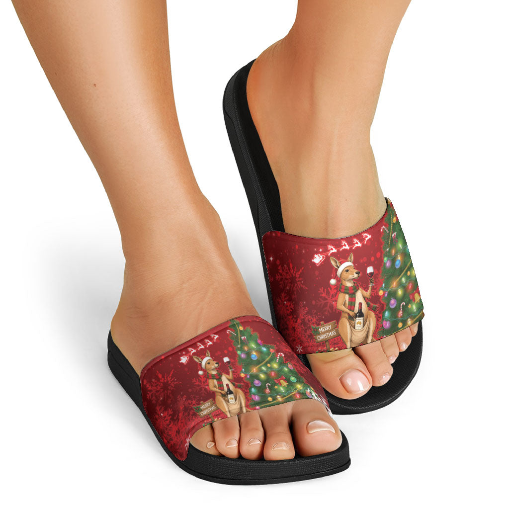 Australia Christmas In July Slide Sandals Kangaroo Santa With Aussie Wine