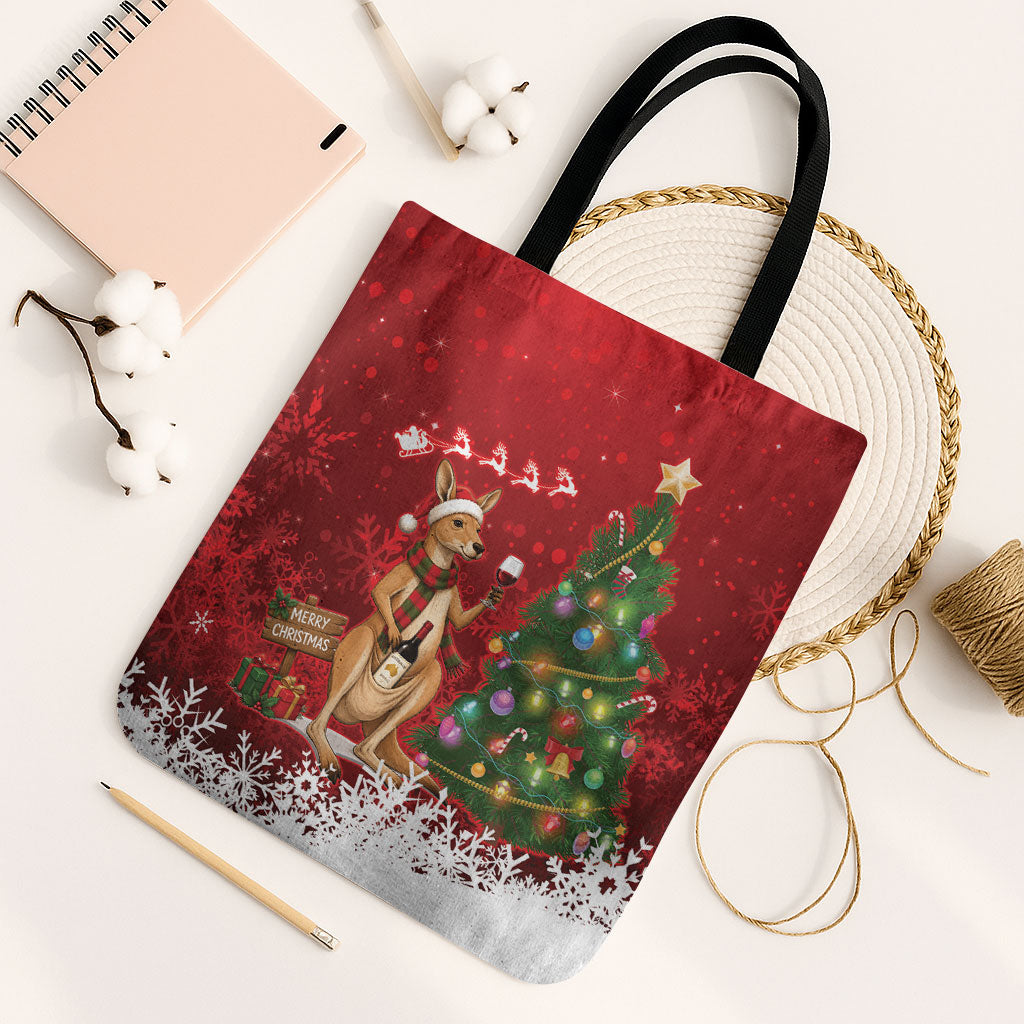 Australia Christmas In July Tote Bag Kangaroo Santa With Aussie Wine