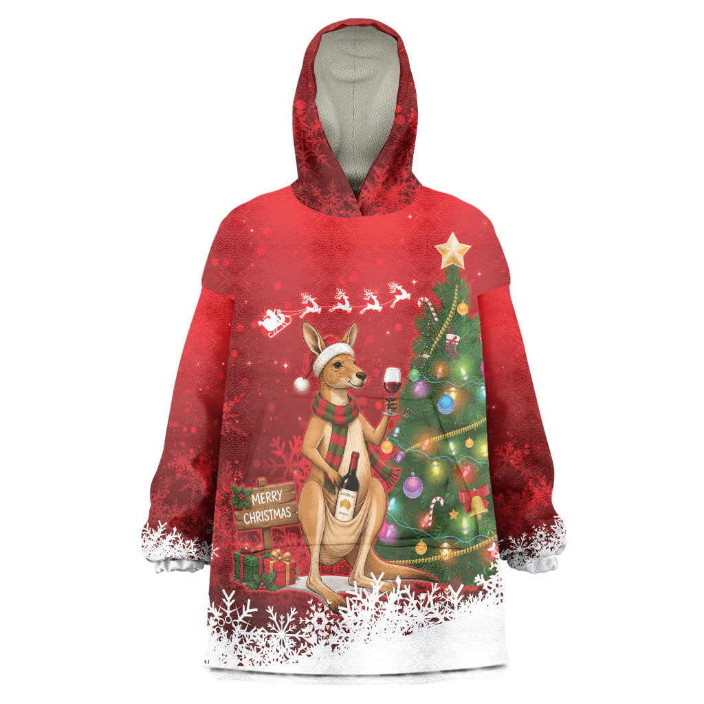 Australia Christmas In July Wearable Blanket Hoodie Kangaroo Santa With Aussie Wine