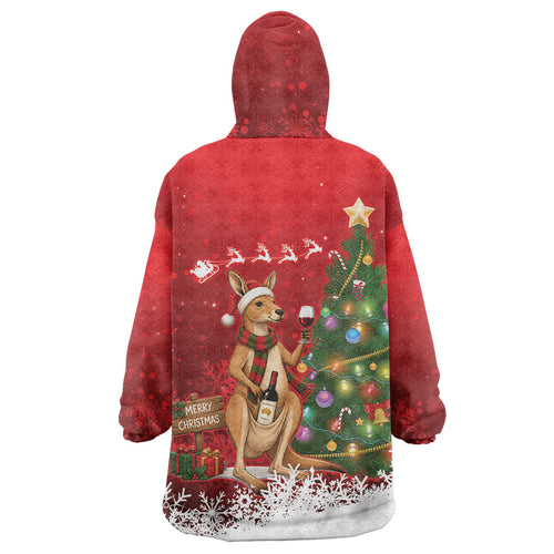 Australia Christmas In July Wearable Blanket Hoodie Kangaroo Santa With Aussie Wine