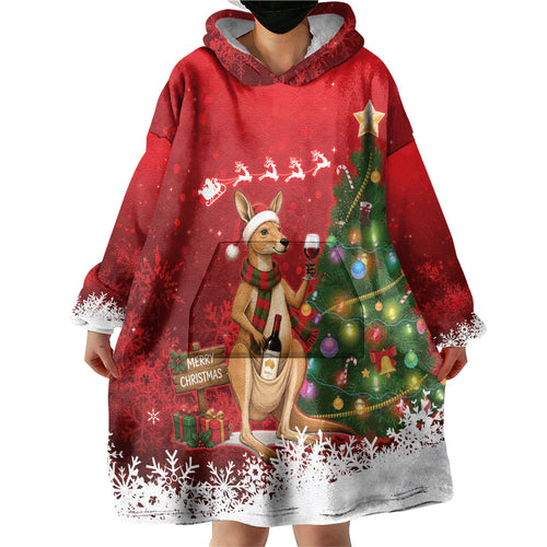 Australia Christmas In July Wearable Blanket Hoodie Kangaroo Santa With Aussie Wine