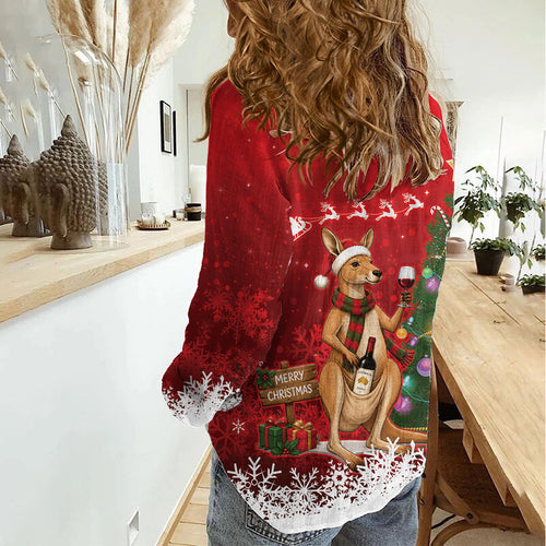Australia Christmas In July Women Casual Shirt Kangaroo Santa With Aussie Wine
