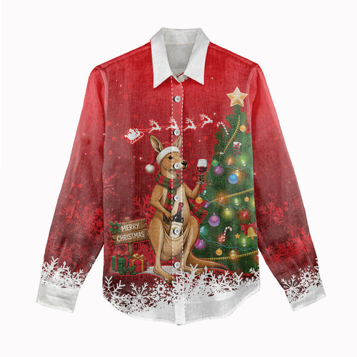 Australia Christmas In July Women Casual Shirt Kangaroo Santa With Aussie Wine