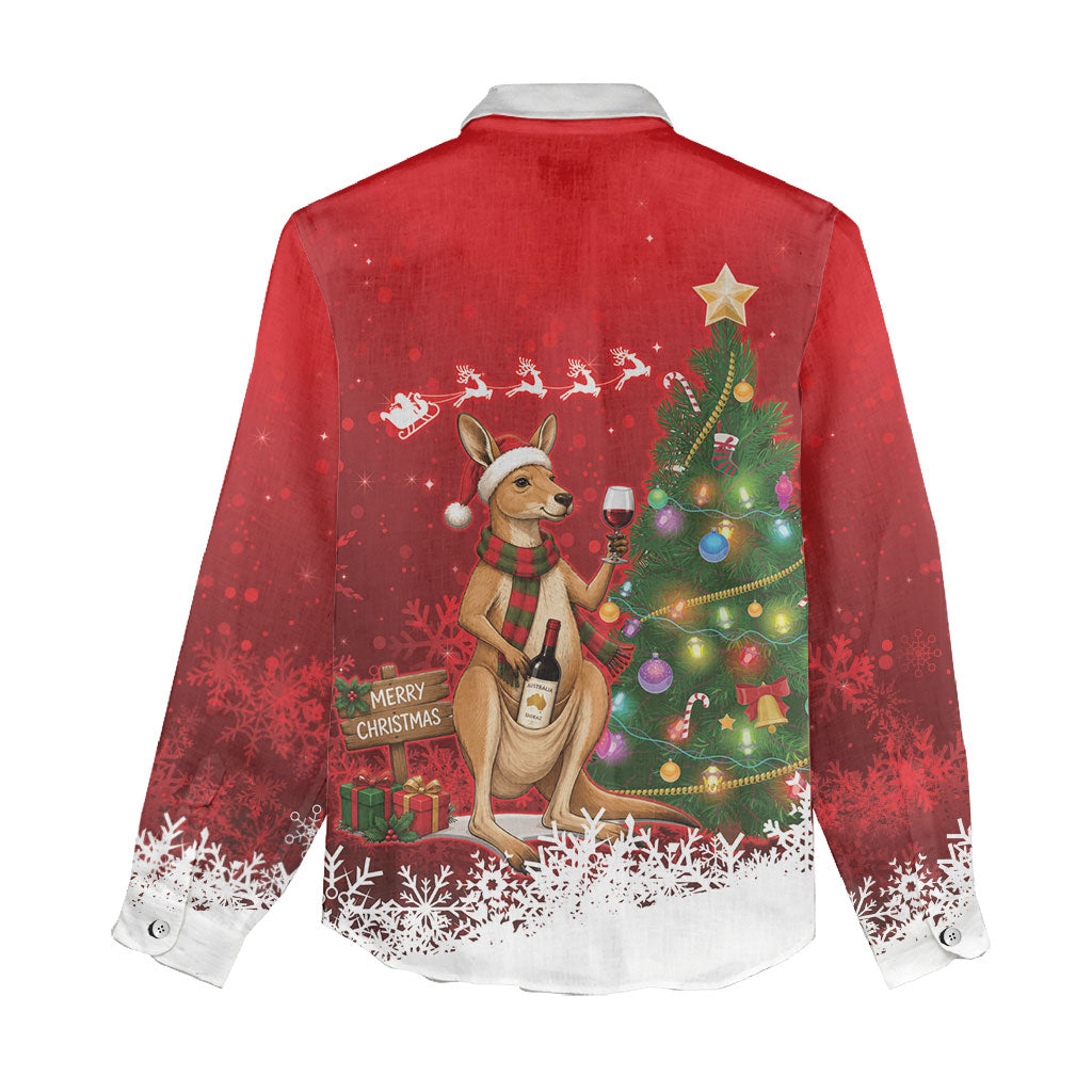 Australia Christmas In July Women Casual Shirt Kangaroo Santa With Aussie Wine