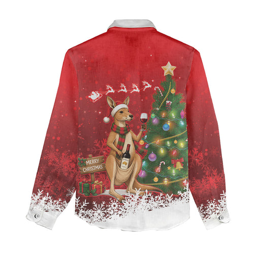 Australia Christmas In July Women Casual Shirt Kangaroo Santa With Aussie Wine