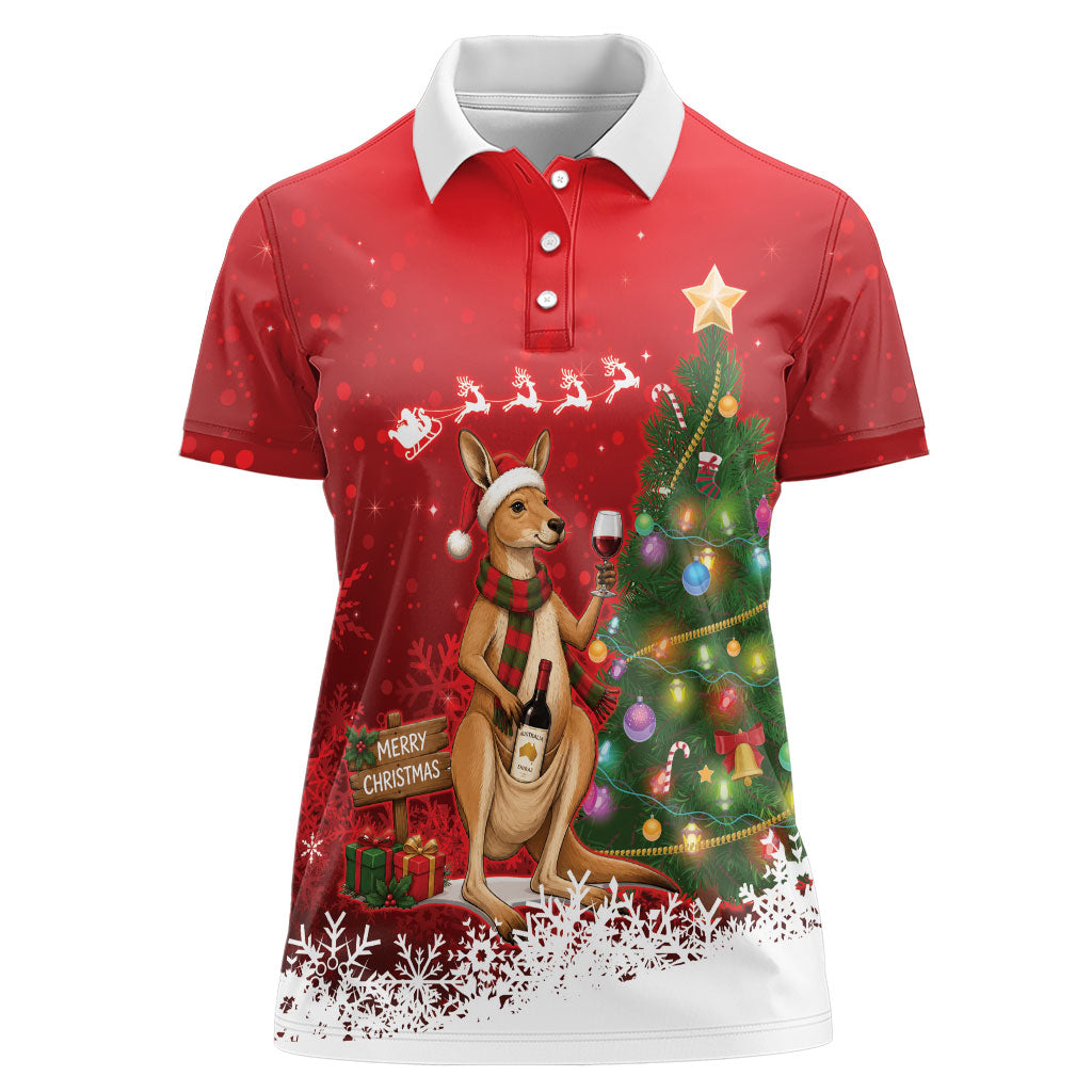 Australia Christmas In July Women Polo Shirt Kangaroo Santa With Aussie Wine