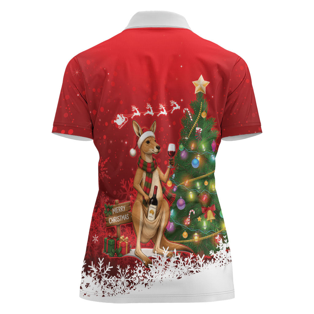 Australia Christmas In July Women Polo Shirt Kangaroo Santa With Aussie Wine