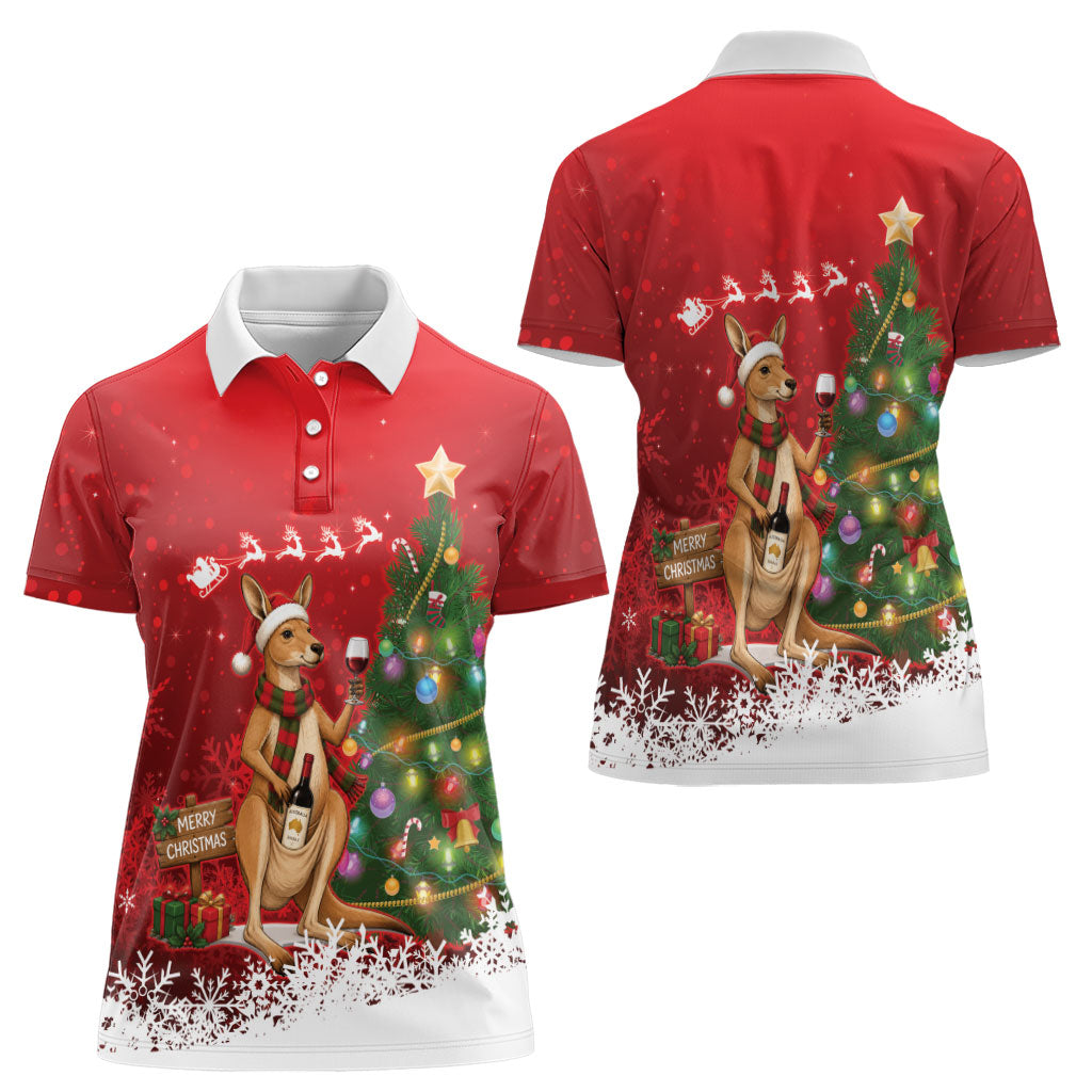 Australia Christmas In July Women Polo Shirt Kangaroo Santa With Aussie Wine