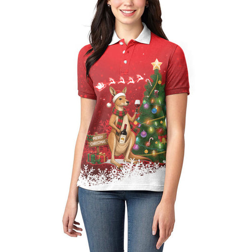 Australia Christmas In July Women Polo Shirt Kangaroo Santa With Aussie Wine