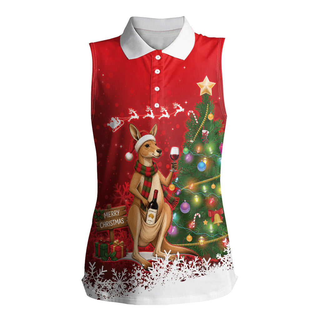 Australia Christmas In July Women Sleeveless Polo Shirt Kangaroo Santa With Aussie Wine