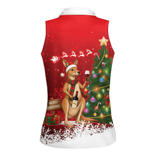 Australia Christmas In July Women Sleeveless Polo Shirt Kangaroo Santa With Aussie Wine