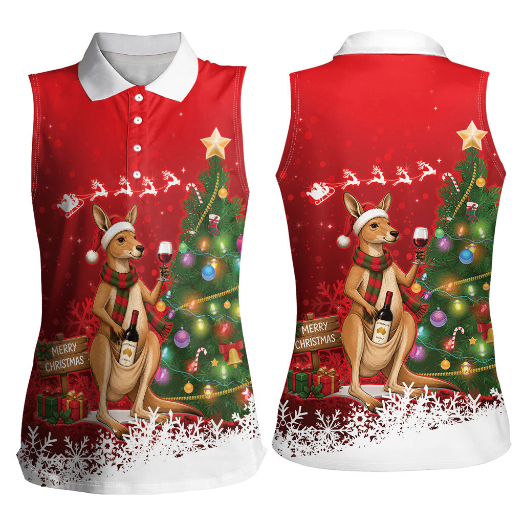 Australia Christmas In July Women Sleeveless Polo Shirt Kangaroo Santa With Aussie Wine