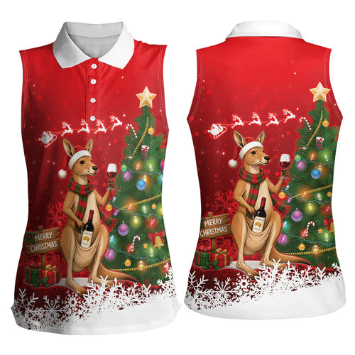 Australia Christmas In July Women Sleeveless Polo Shirt Kangaroo Santa With Aussie Wine