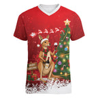 Australia Christmas In July Women V-Neck T-Shirt Kangaroo Santa With Aussie Wine