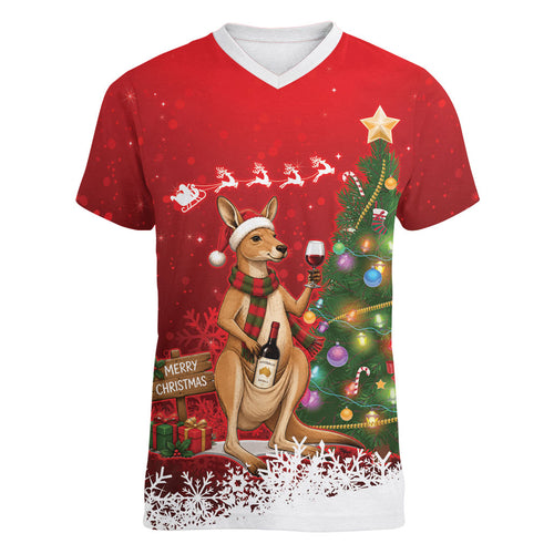 Australia Christmas In July Women V-Neck T-Shirt Kangaroo Santa With Aussie Wine