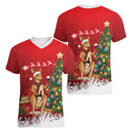 Australia Christmas In July Women V-Neck T-Shirt Kangaroo Santa With Aussie Wine