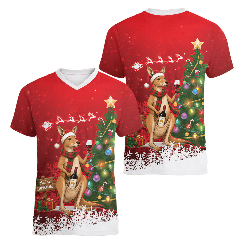 Australia Christmas In July Women V-Neck T-Shirt Kangaroo Santa With Aussie Wine