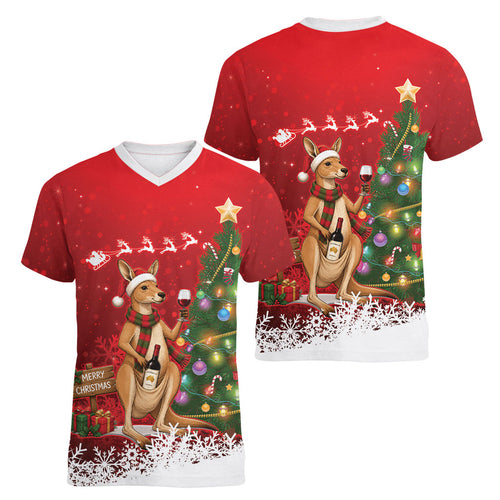 Australia Christmas In July Women V-Neck T-Shirt Kangaroo Santa With Aussie Wine