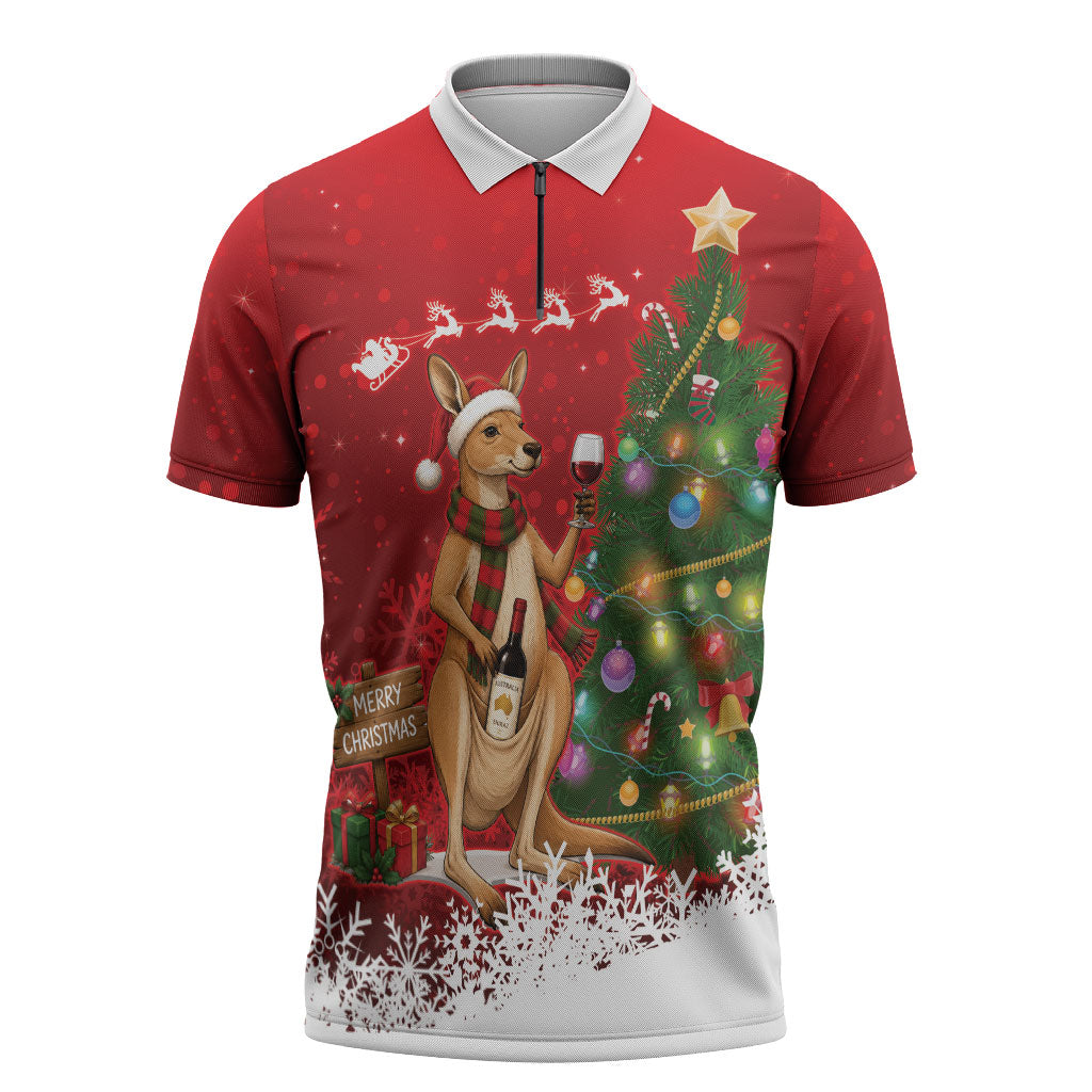 Australia Christmas In July Zipper Polo Shirt Kangaroo Santa With Aussie Wine