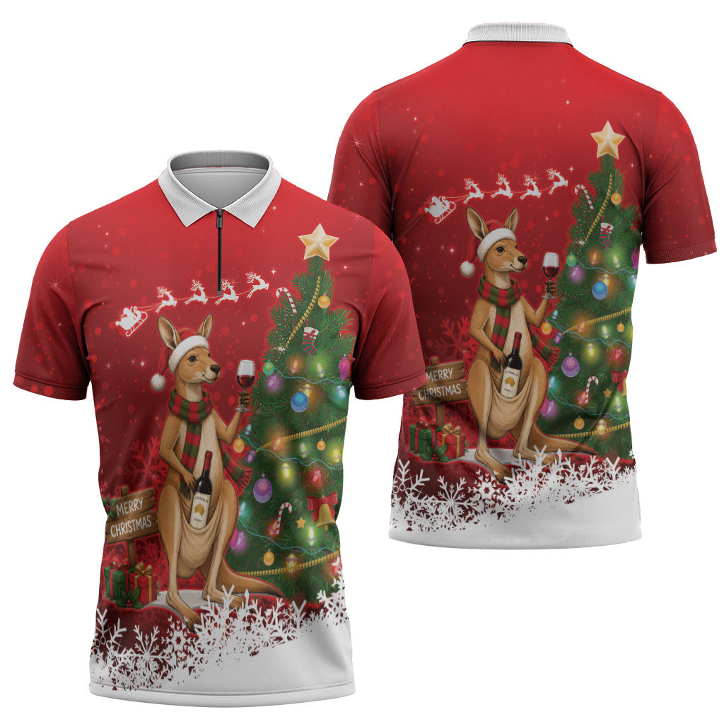 Australia Christmas In July Zipper Polo Shirt Kangaroo Santa With Aussie Wine