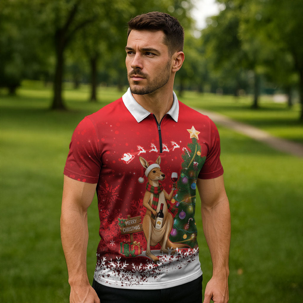 Australia Christmas In July Zipper Polo Shirt Kangaroo Santa With Aussie Wine