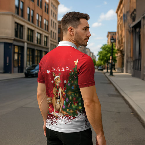 Australia Christmas In July Zipper Polo Shirt Kangaroo Santa With Aussie Wine