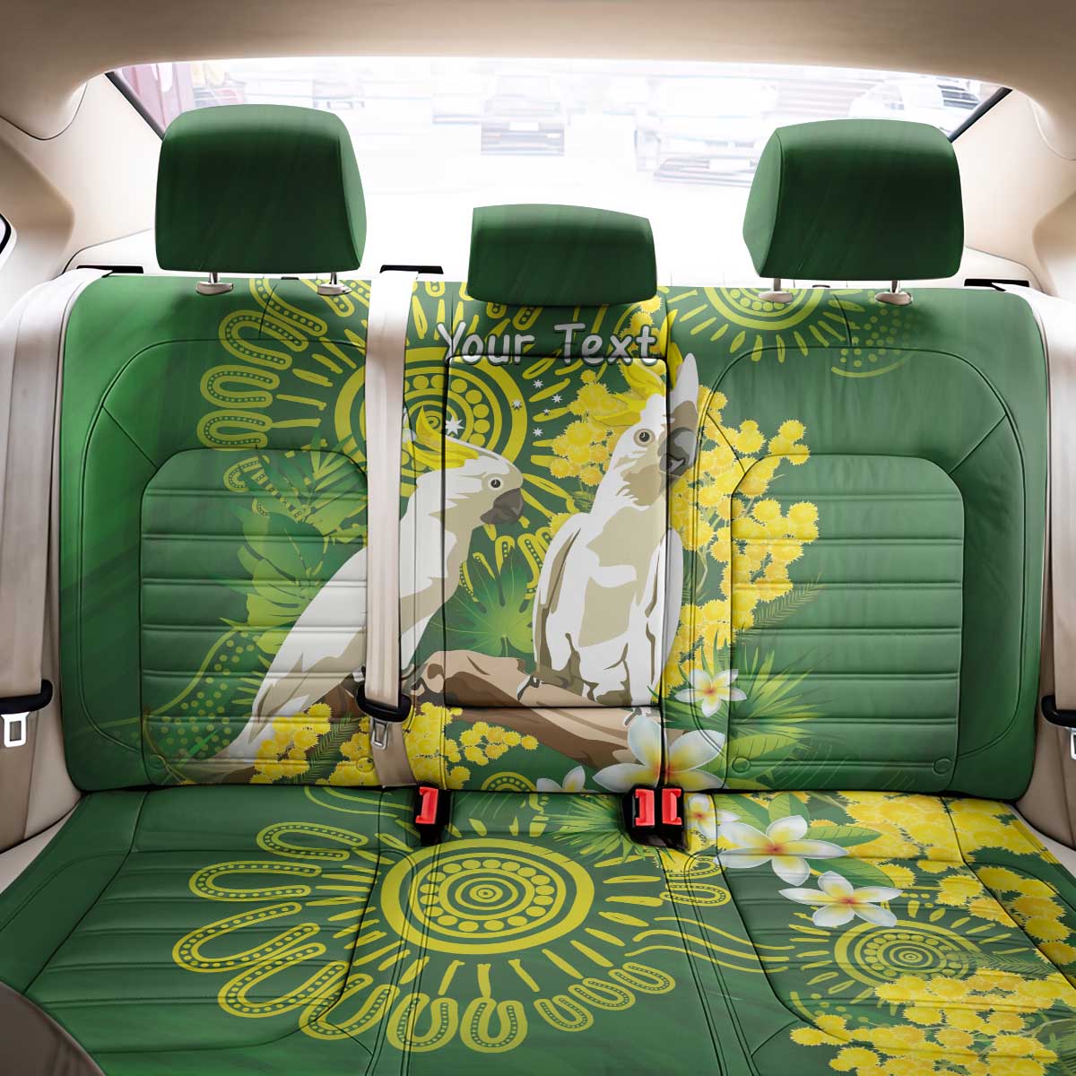 Personalised Australia Golden Wattle And Cacatua Galerita Back Car Seat Cover Aboriginal Art