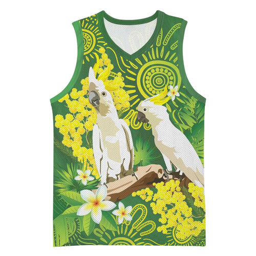 Personalised Australia Golden Wattle And Cacatua Galerita Basketball Jersey Aboriginal Art - Aussie Hoodie