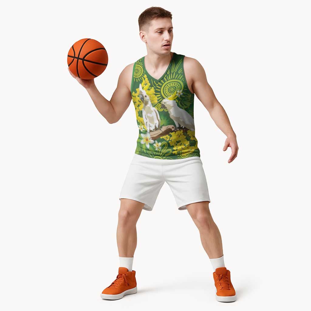 Personalised Australia Golden Wattle And Cacatua Galerita Basketball Jersey Aboriginal Art - Aussie Hoodie