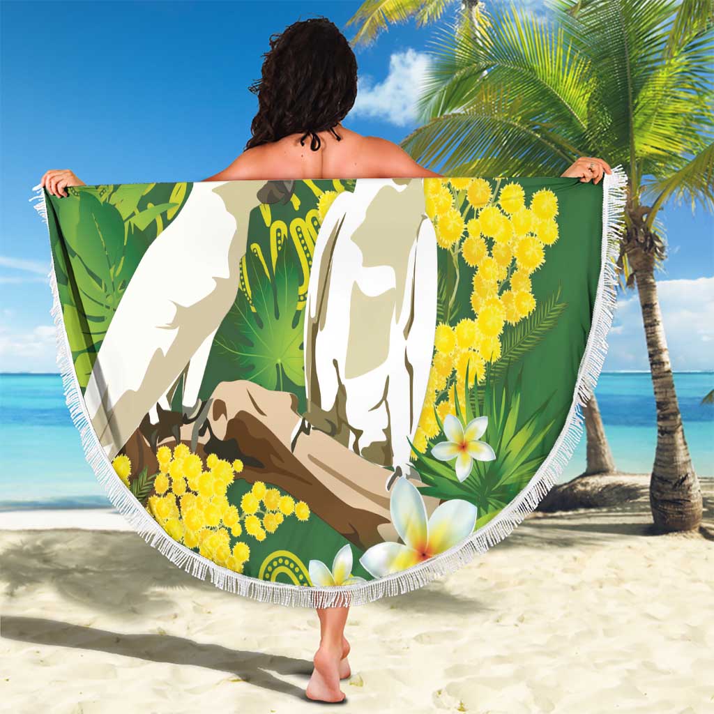 Personalised Australia Golden Wattle And Cacatua Galerita Beach Blanket Aboriginal Art