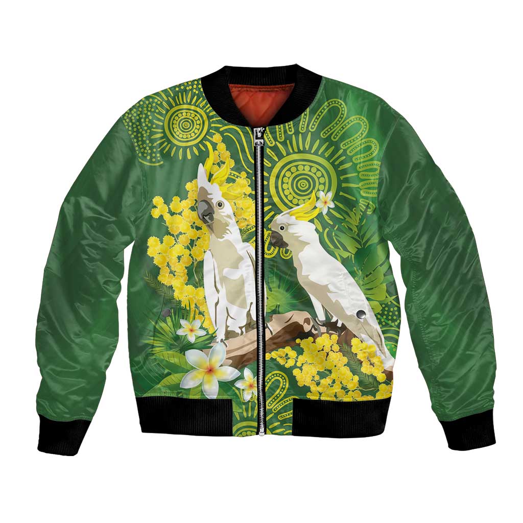 Personalised Australia Golden Wattle And Cacatua Galerita Bomber Jacket Aboriginal Art