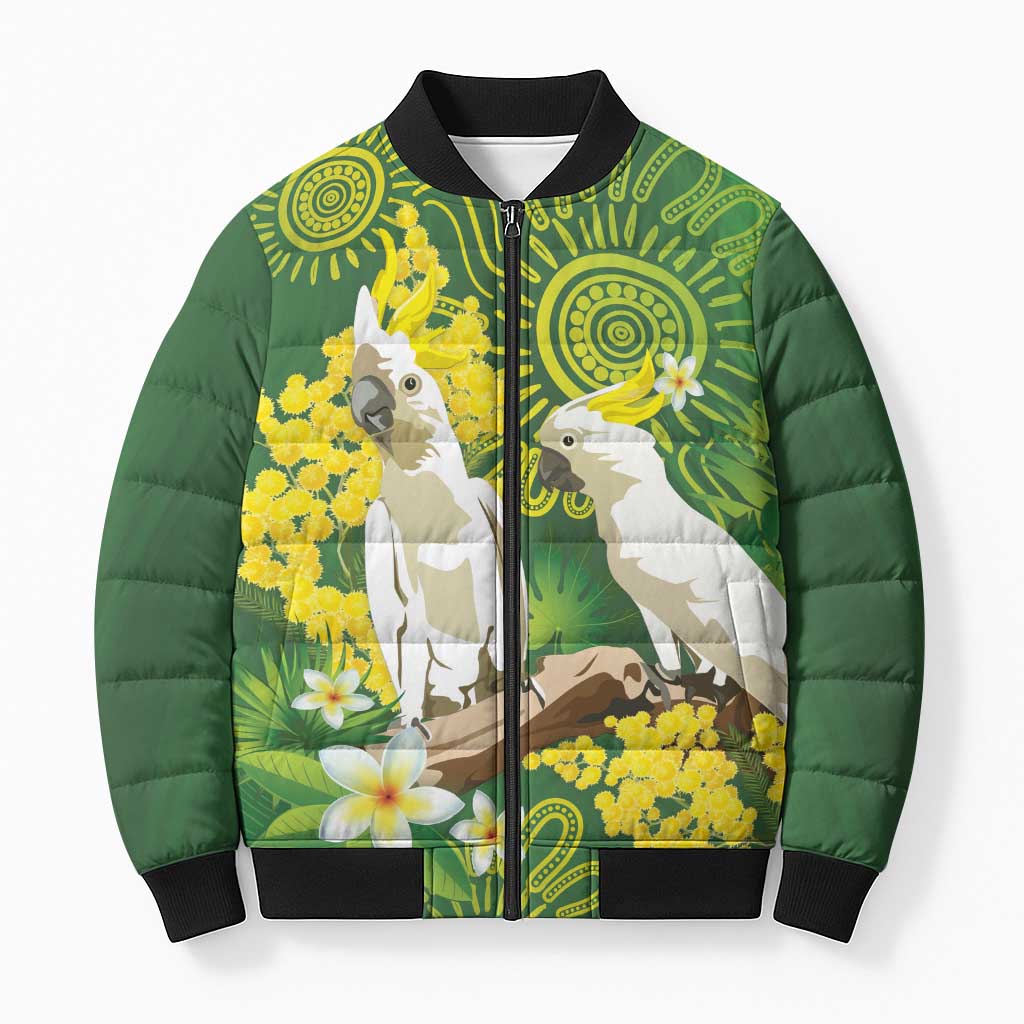 Personalised Australia Golden Wattle And Cacatua Galerita Bomber Puffer Jacket Aboriginal Art - Aussie Hoodie