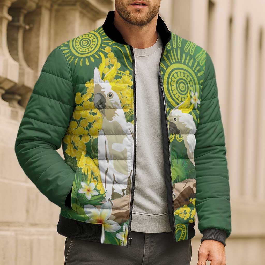 Personalised Australia Golden Wattle And Cacatua Galerita Bomber Puffer Jacket Aboriginal Art - Aussie Hoodie