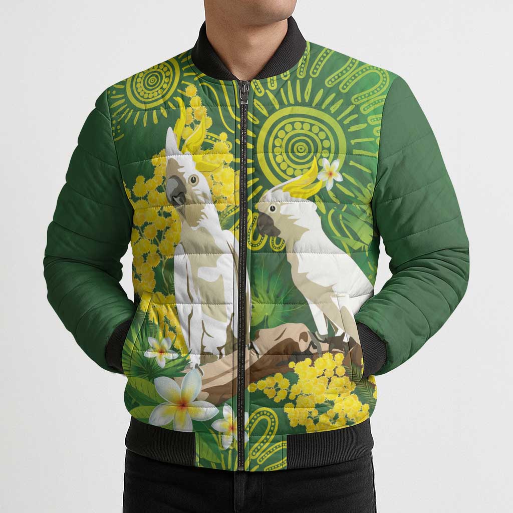 Personalised Australia Golden Wattle And Cacatua Galerita Bomber Puffer Jacket Aboriginal Art - Aussie Hoodie