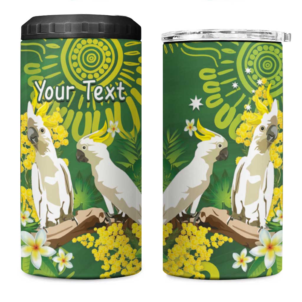 Personalised Australia Golden Wattle With Cacatua Galerita 4 in 1 Can Cooler Tumbler Aboriginal Art