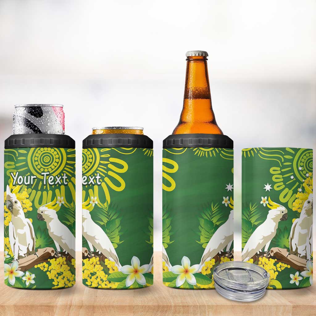 Personalised Australia Golden Wattle With Cacatua Galerita 4 in 1 Can Cooler Tumbler Aboriginal Art