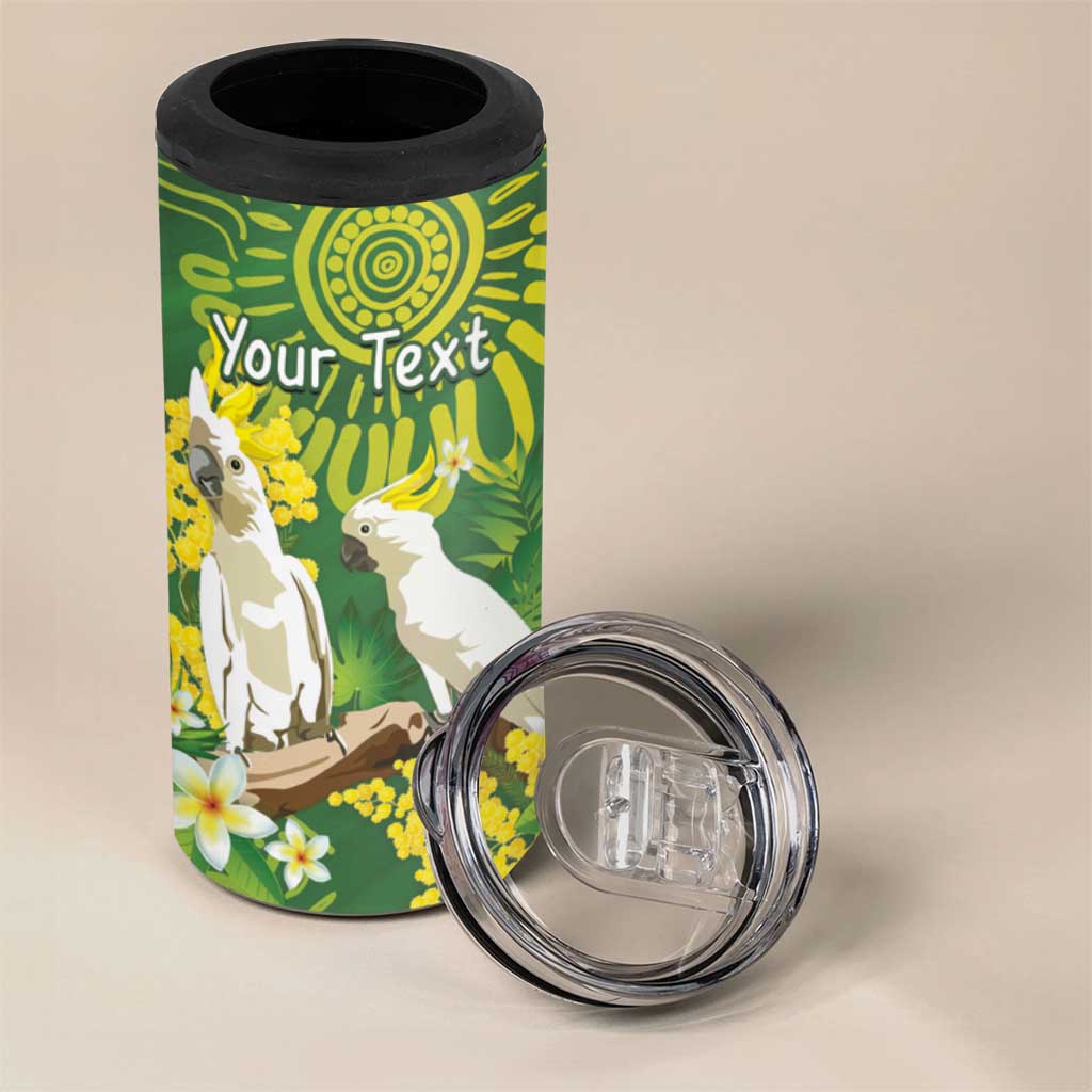Personalised Australia Golden Wattle With Cacatua Galerita 4 in 1 Can Cooler Tumbler Aboriginal Art