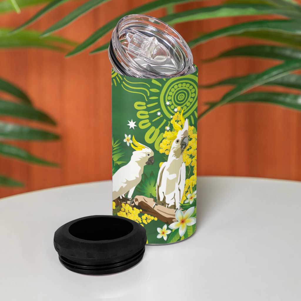 Personalised Australia Golden Wattle With Cacatua Galerita 4 in 1 Can Cooler Tumbler Aboriginal Art