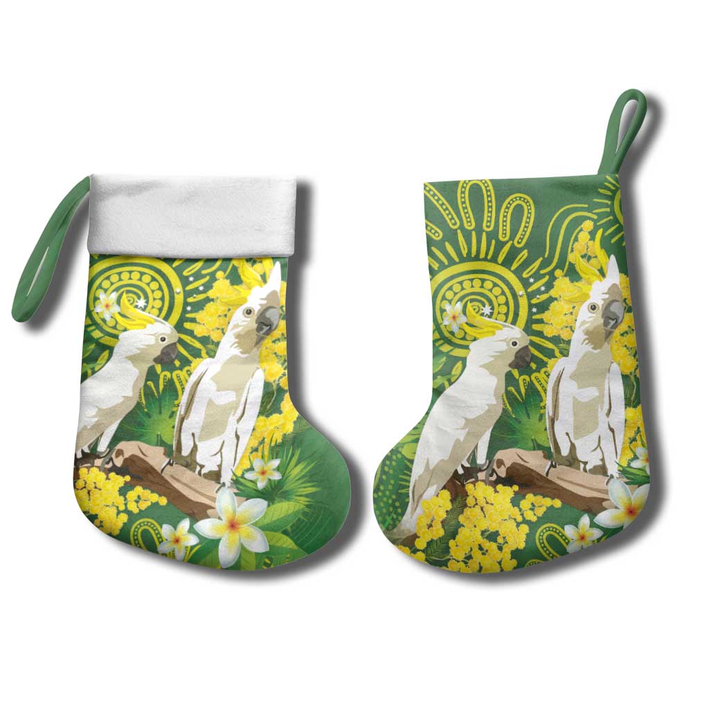 Personalised Australia Golden Wattle And Cacatua Galerita Christmas Stocking Aboriginal Art - Aussie Hoodie