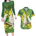 Personalised Australia Golden Wattle And Cacatua Galerita Couples Matching Long Sleeve Bodycon Dress and Hawaiian Shirt Aboriginal Art