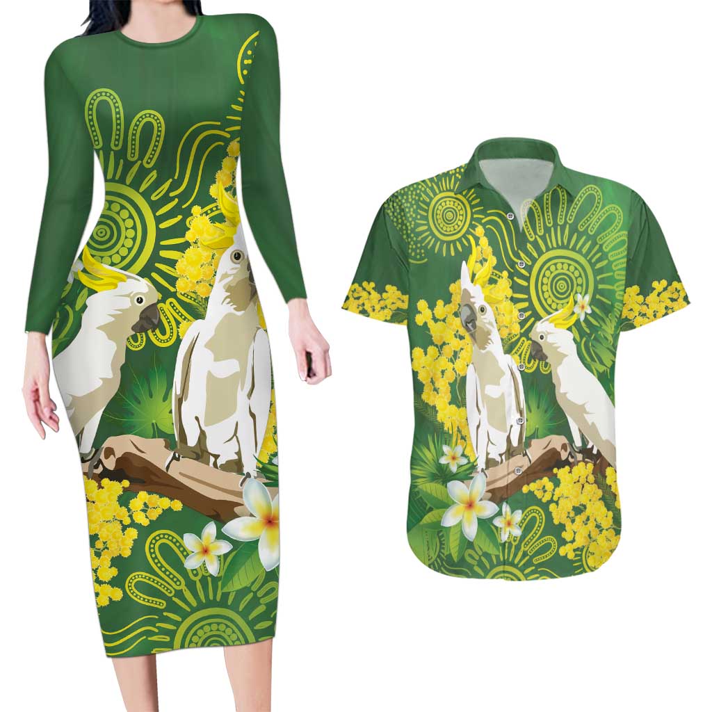 Personalised Australia Golden Wattle And Cacatua Galerita Couples Matching Long Sleeve Bodycon Dress and Hawaiian Shirt Aboriginal Art